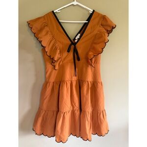 TCEC Camel Burnt Orange Scalloped Trim Tiered Flutter Sleeve Mini Dress Large